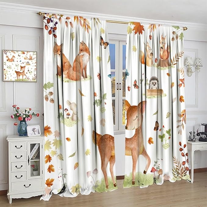 Fall Animails Curtains for Kids, Rustic Cute Woodland Wild Animal Window Treatments Watercolor Autumn Leaves Cartoon Fox Deer Window Drapes for Nursery Toddler Bedroom 72x63in