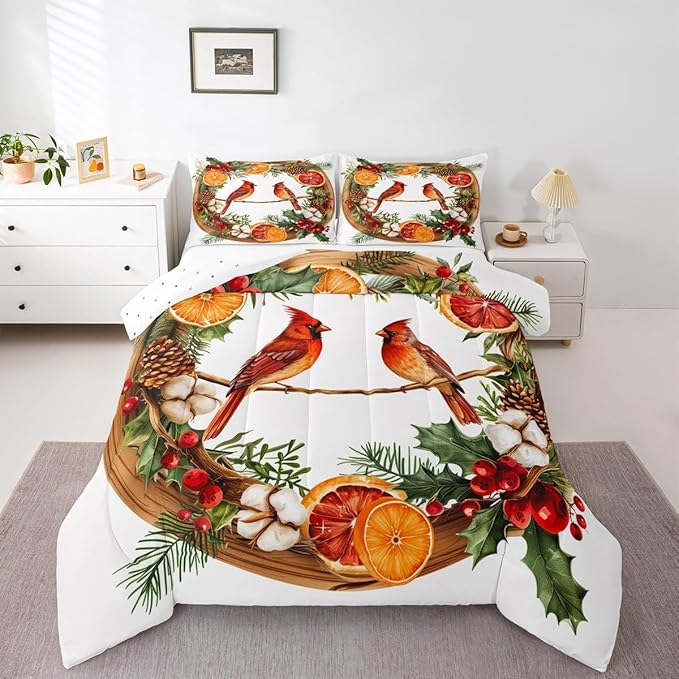 jejeloiu Kids Red Cardinal Comforter Set Queen Size Christmas Theme Bedding Set for Boys Girls Teens Xmas Birds Animal Lemon Winter Wood Duvet Quilt Room Decor