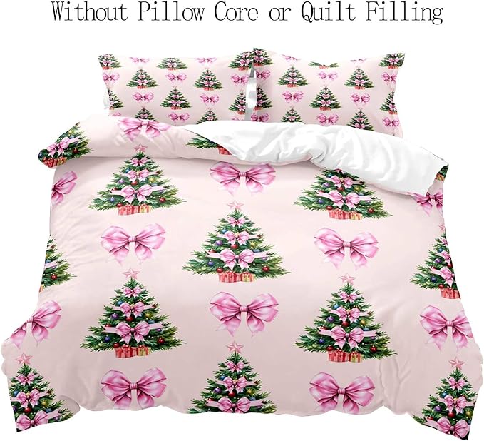 LUVIVIHOME 2PCS Pink Bow Christmas Tree Duvet Cover Twin Bedding Sets, Teen Girl Bedding, Light Pink Duvet Cover, Xmas Tree Winter Holiday Festival Coquette Christmas Comforter Cover, 1 Pillow Case