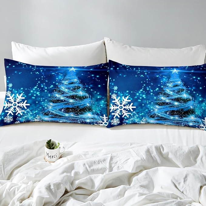 Manfei Blue Xmas Tree Duvet Cover Set King Size, White Snowflake Print Comforter Cover with 2 Pillowcases, Christmas Theme Bedding Set 3pcs for Kids Boys Girls Bedroom Decor,No Comforter