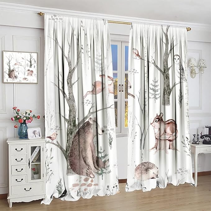 Watercolor Woodland Animal Curtains, Wildlife Bear Farmhouse Lodge Cabin Squirrel Owl Hedgehog Fox Blackout Rod Pocket Windows Door Curtain for Bedroom Living Room Home Decor 72x63in
