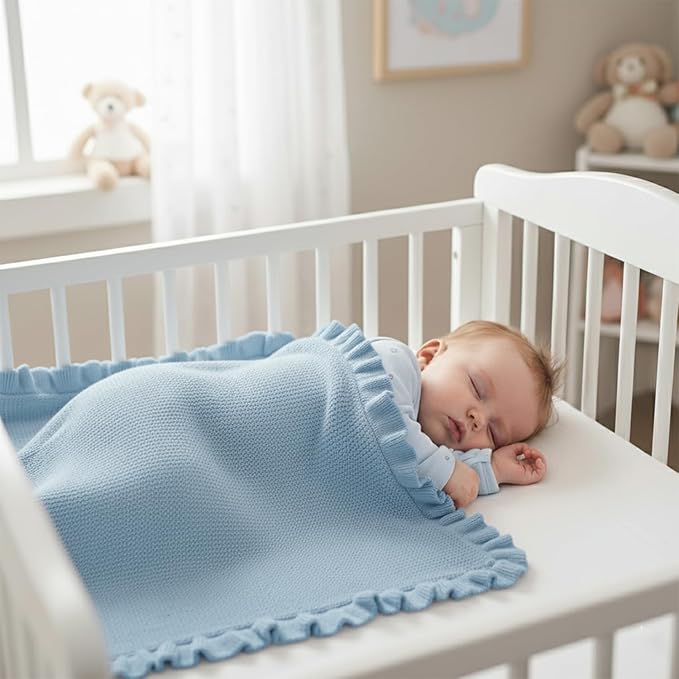 Cotton Baby Blanket with Ruffle Edge Soft Breathable Newborn Blanket for Boys & Girls, Lightweight Knit Throw for Crib, Stroller & Nursery Multiple Colors Available Blue 28x36