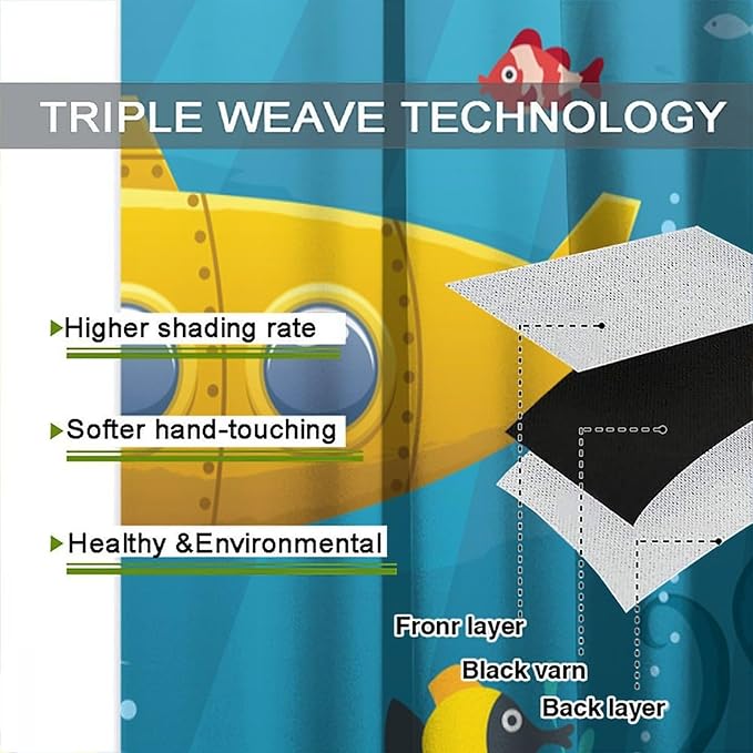 Boy Window Curtains Submarine Window Drapes Yacht Window Treatments Underwater World Oasis Thermal Drapes for Kids Girls Toddler Teens Room Dorm Decor Set 2 Panels,42x54 Inches