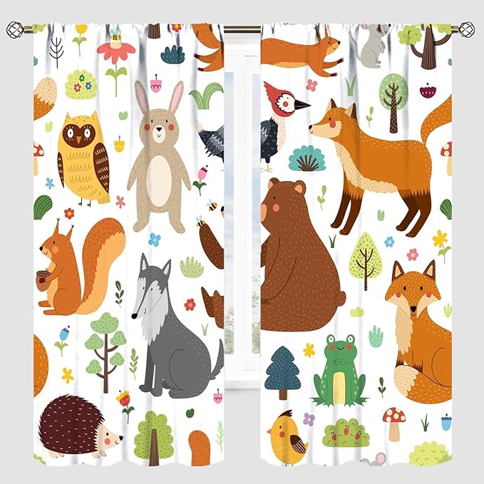 Kids Safari Animals Curtains, Baby Boy Girl Rustic Woodland Printed Cartoon Forest Window Treatments for Bedroom Living Room Nursery 2 Panels Sets, 55x63 Inch