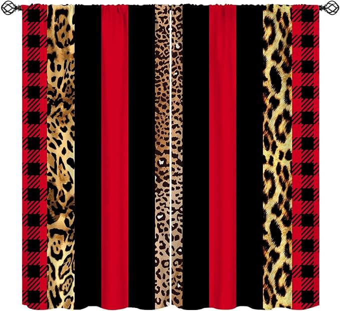 Leopard Skin Blackout Window Curtains, Brown Cheetah Red Black Plaid Stripe Print Window Drapes for Kids Boy Girls Bedroom Living Room 42" W X 45" L
