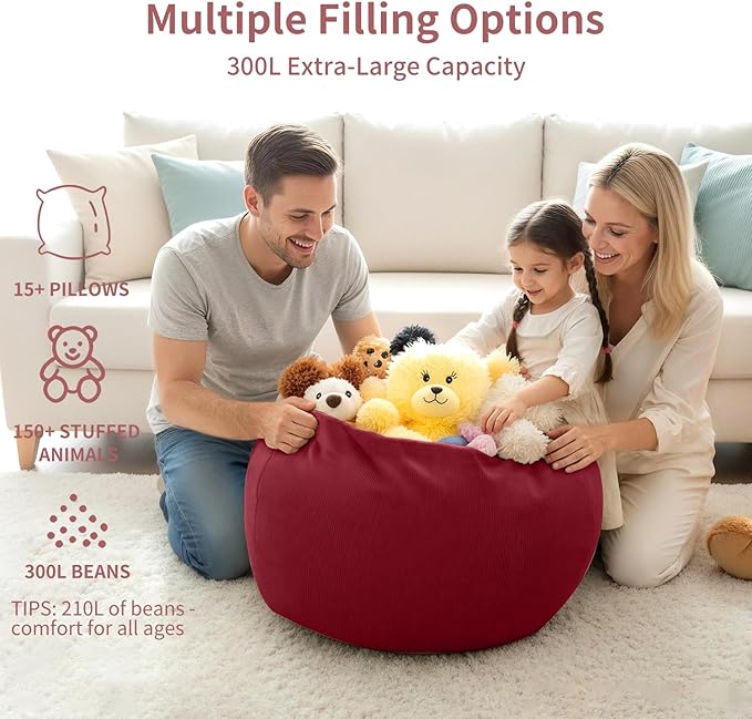 Nobildonna 3 ft Bean Bag Chair Cover (No Filler) 35"×43" Large Stuffed Animal Storage Bean Bag Washable Big Beanbag Chair Cover Premium Corduroy Bean Bag Cover for Adults,Kids,Wine Red 300L