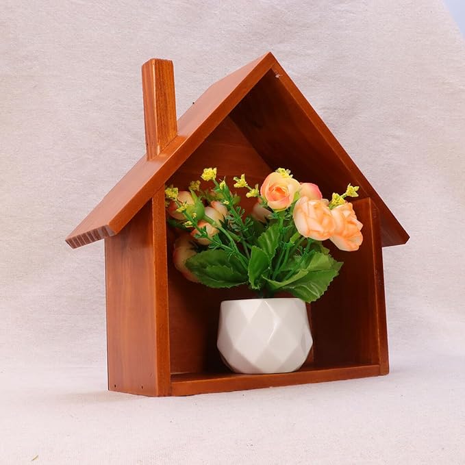 Small House Shaped Wall Mounted Storage Shelf Natural Wood Wall Shelf Organizer for Bedroom Room Office Cute Decorative Display Rack for Collectibles and Knickknacks Wood Color