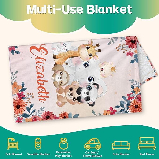 Custom Safari Animals Blanket Gift, Personalized Baby Blanket with Name, Soft Plush Flannel/Sherpa Fleece Throw Blankets for Toddler Kid Teen Boys Girls Color11