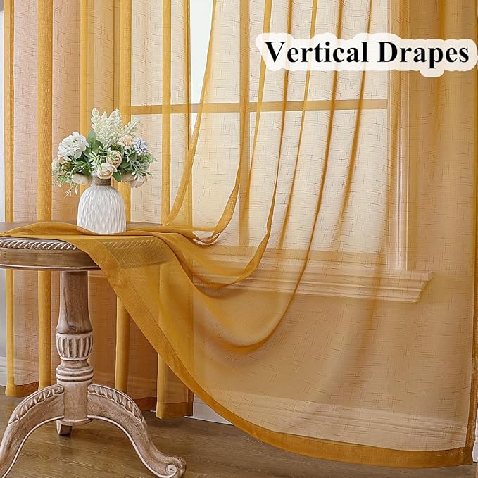 Mustard Gold Sheer Curtains 108 Inches Long 2 Panels, Textured Linen Look Pinch Pleated Drapes, Vintage Yellow Light Filtering Window Treatments, Sliding Glass Door Curtain Back Tab