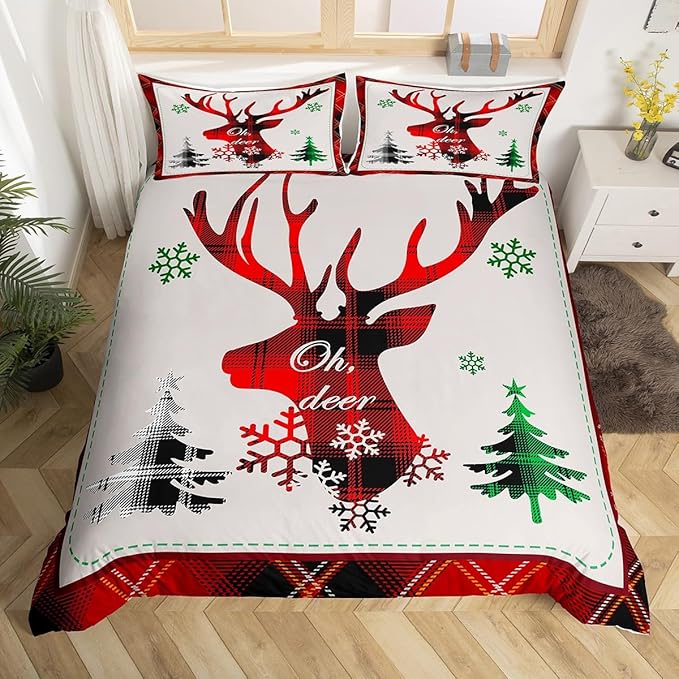 Manfei Xmas Deer Duvet Cover Set King Size, Christmas Tree Snowflake Print Comforter Cover with 2 Pillowcases, New Year Theme Bedding Set 3pcs for Kids Boys Girls Bedroom Decor,No Comforter