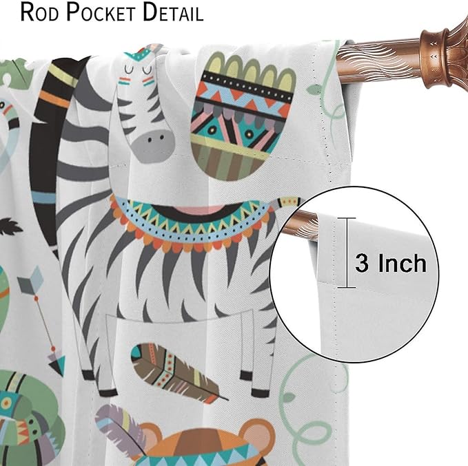Jungle Tribal Animals Curtains, Southwest Aztec Cartoon Funny Zoo Animals Giraffe Lion Elephant Zebra Tiger Print Thermal Insulation Window Drapes for Kids Boys Girls Bedroom Living Room 72x63in