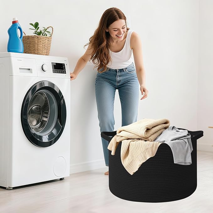 Large Blanket Basket for Organizing,65L Closet Organizers and Storage Bins Box for Shelves Woven Rope Storage Baskets,Living Room,Bedroom,Dorm,Laundry room (Black)