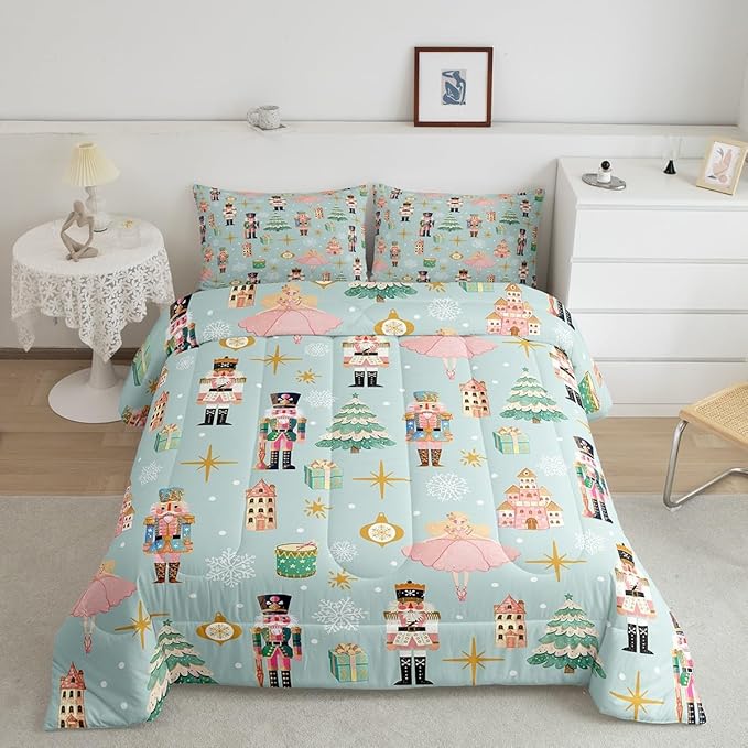 Erosebridal 7Pcs Green Christmas Comforter Set Queen,Xmas Tree Nutcracker Bedding Set,Pink Princess Bed in A Bag for Girls Women,Winter Xmas Holiday Christmas Ornaments Quilt with Flat Fitted Sheet