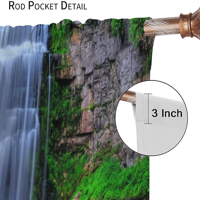 Nature Scenery Waterfall Blackout Curtains, Forest Waterfall Landscape Green Jungle Stone Falls Print Pattern Rod Pocket Window Drapes, for Bedroom Living Room 55" W X 63" L