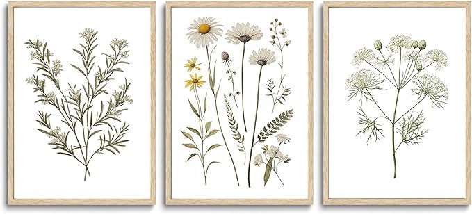 CHMMART 3 Piece Botanical Wildflower Framed Wall Art Floral Canvas Art Prints Green Plant Paintings Wall Decor Flower Pictures Artwork for Living Room Bedroom Bathroom 16x20in