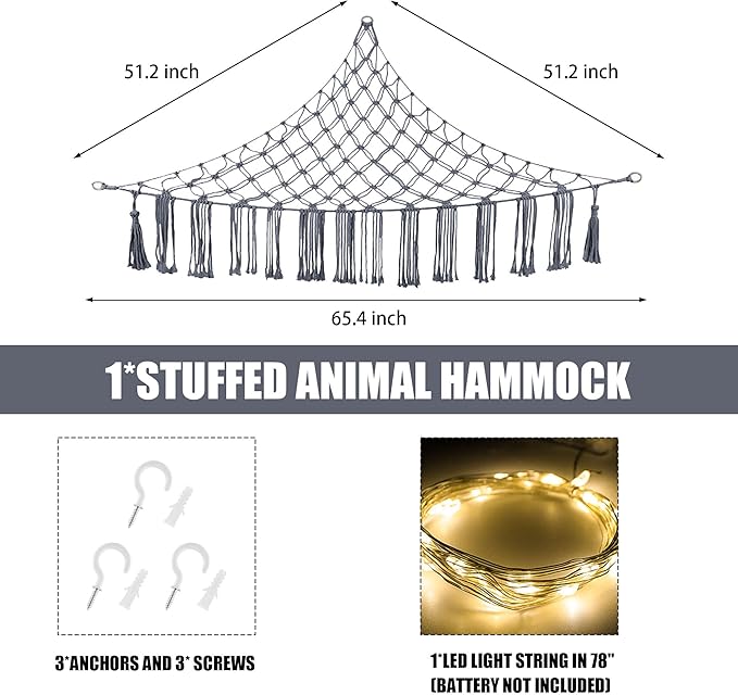 Stuffed Animal Hammock with LED Light, Large Stuffed Animals Storage Corner Plushie Net for Kids Room Decor, Jumbo Grey