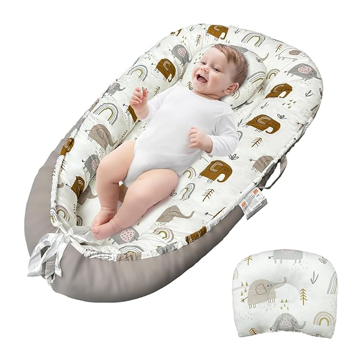 JIFTOK Baby Nests Lounger for Newborn, Snuggle Bassinet for 0-24M, Breathable Portable Co Bed, Baby Essentials Adjustable Infant Soft Cotton Loungers for Home & Travel -Elephant