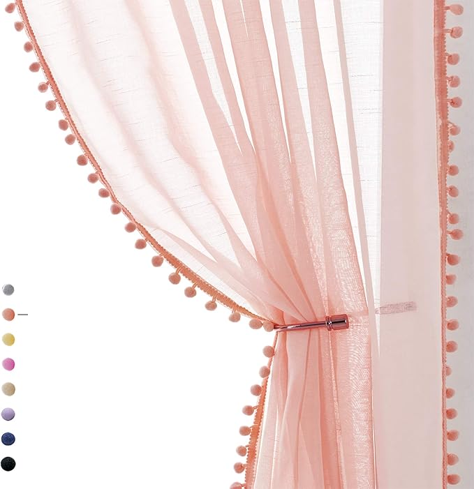 Treatmentex Pompom Sheer Curtains Blush Pink Window Draperies for Bedroom Rod Pocket Curtain Panels for Canopy Nursery Room 52" w x 2pc