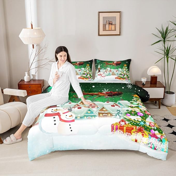 Manfei Christmas Comforter Set Queen Size, Snowman Xmas Tree Quilt Set with 2 Pillowcases, Santa Claus with Deer Bedding Set 3pcs for Kids Boys Girls Room Decor New Year Theme Duvet Insert