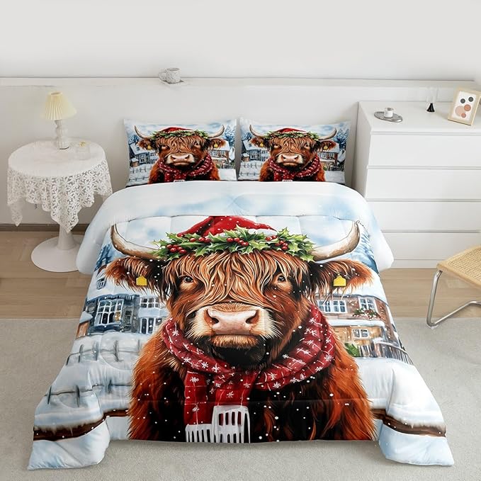 Feelyou Merry Christmas Bedding Set Soft for Boys Girls, Highland Cow Comforter Set Full Size Snowflake Duvet Quilt Microfiber Winter Bedroom Decor 3 Pcs with 2 Pillow Cases