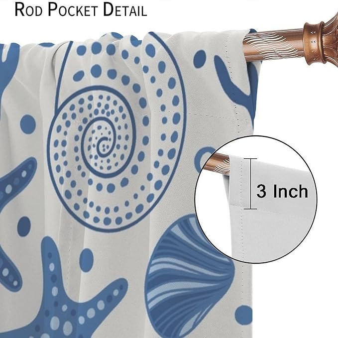 BAEKJIN Coastal Nautical Curtains,Coral Starfish Seashell Beach Sea Starfish Seashell Theme Pattern Print Decor Bedroom Living Room Window Treatmen 11 Panel Set 42x45 Inch