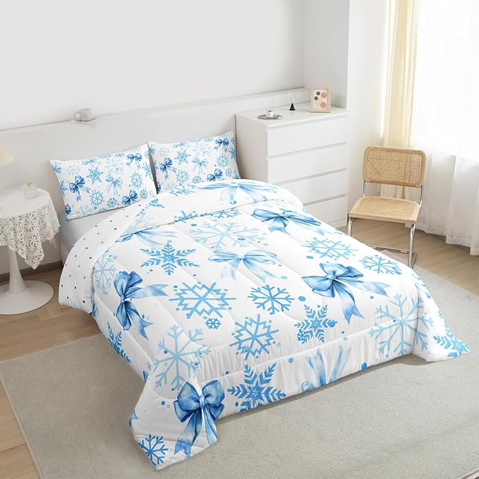 Lovely Bowknot Kids Bedding Set King Size,Dreamy Bowknot Dots Snowflake Comforter Set,Winter Merry Christmas Girly Quilt Comforter,Blue White Bedroom Duvet Insert,2 Pillowcases