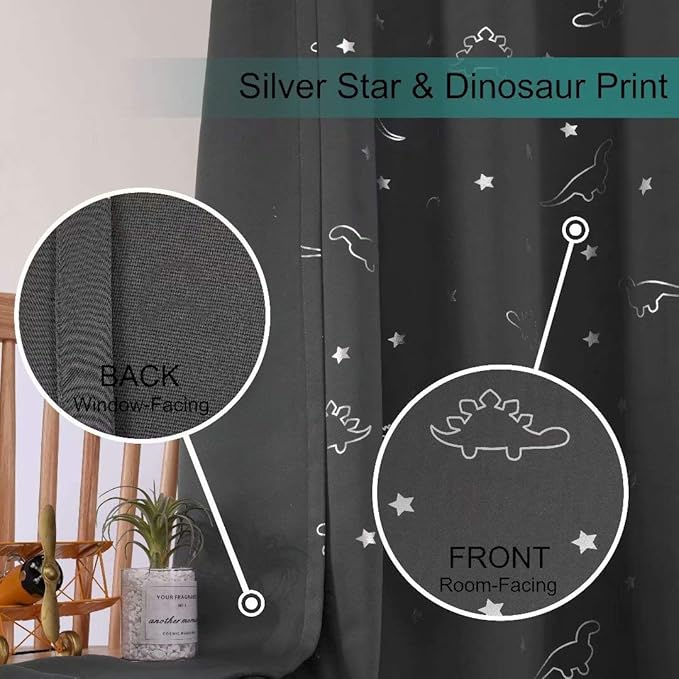 LORDTEX Dinosaur and Star Foil Print Blackout Curtains for Kids Room - Thermal Insulated Curtains Noise Reducing Window Drapes for Boys and Girls Bedroom, 52 x 84 Inch, Grey, Set of 2 Panels