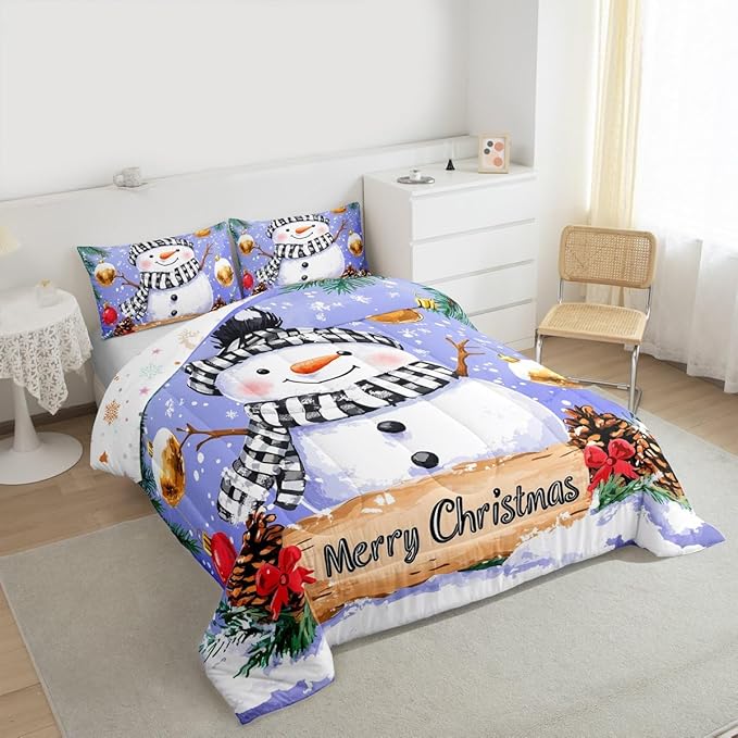 Feelyou Merry Christmas Comforter Set All Season Cute Snowman Bedding Set with 2 Pillow Cases Snowflake Microfiber Kids King Bedclothes Winter Bedroom Decor Duvet Quilt Breathable Soft Lightweight