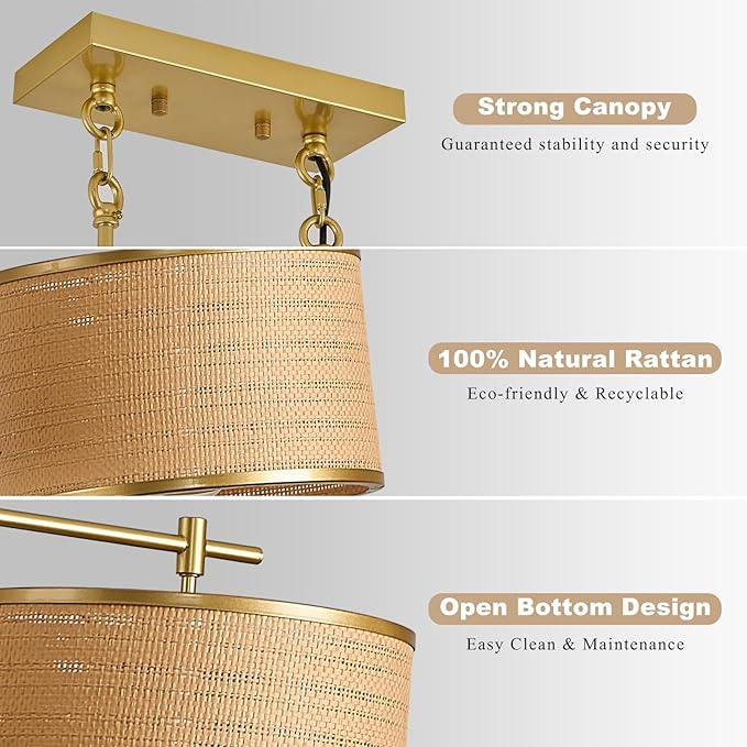 41" Dining Room Light Fixtures Over Table with 3-Light Island Lights for Kitchen,Boho Large Linear Chandelier,Gold Drum Woven Rattan Chandelier（Height Adjustable）