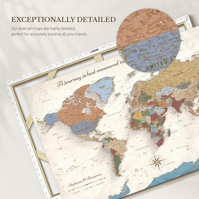 ElephantStock - Personalized Journey V Push Pin World Map Wall Art - Horizontal Canvas Wall Art - Living Room Wall Decor - Digital Art Map Canvas Art - Beige And Orange Decor - 51" x 34"