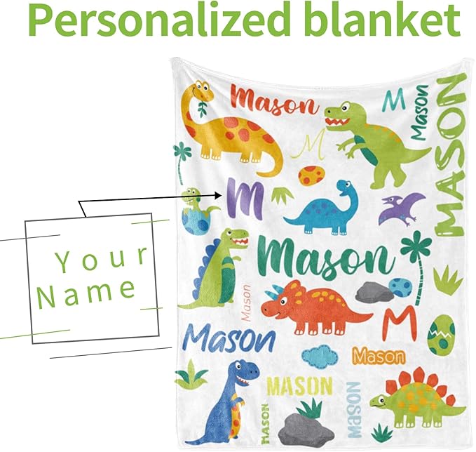 Personalized Dinosaur Blanket with Name for Boys, Custom Name Blanket for Teen Dino, Soft Flannel Dinosaur Blankets Customized Gift for Birthday 50"x60"