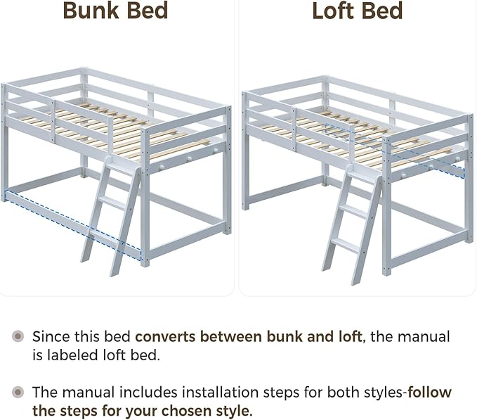 Vantic Floor Bunk Bed with LED Light, Low Bunk Bed with Wide Stairs, Convertible Soild Wooden Toddler Bunk Bed with 6 Hooks, Space-Saving, White