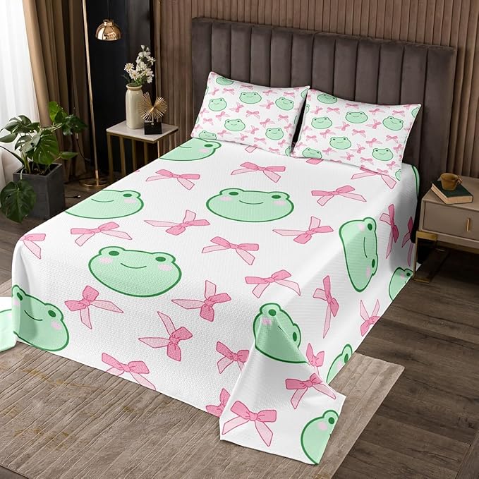 Manfei Pink Bowknot Bedspread Queen Size,Cartoon Frog Bow Tie Butterfly Knot Princess Coverlet Set,Girls Women Room Decor,Geometric Patchwork Cute Quilted Coverlet,Sweet Bedding Quilt,2 Pillowcases
