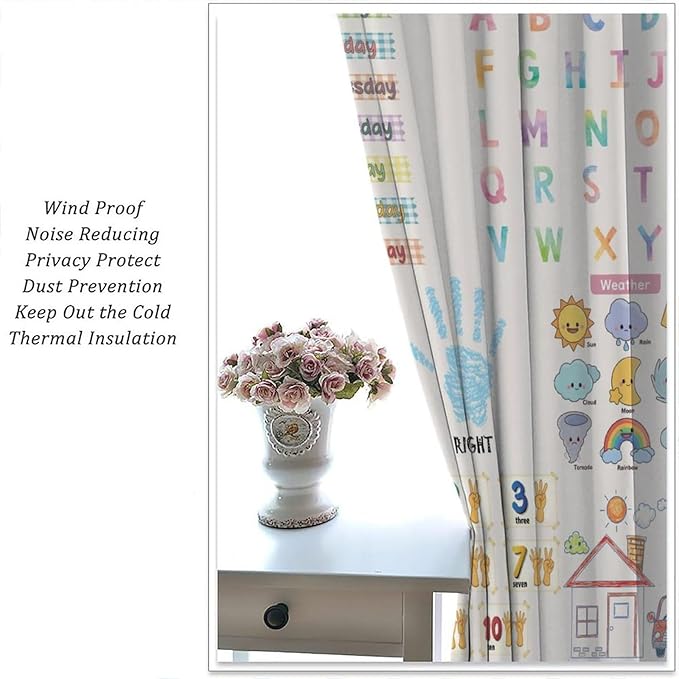Kids Educational Alphabet Curtain,Boho Watercolor Alphabet Pastel Numbers Shapes Colors for Girls Child Nursery Home Kids Printed Rod Pocket Blackout Window Drapes for Bedroom Living Room 63"W X 63"L