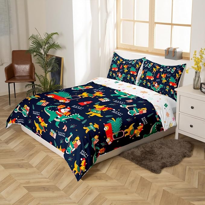 Christmas Bedding Set Cartoon Santa Claus Christmas Tree Comforter Cover for Kids Teens Cute Dino Race Cars Duvet Cover Breathable Gingerbread Man Bedspread Cover Room Decor Quilt Cover Queen Size