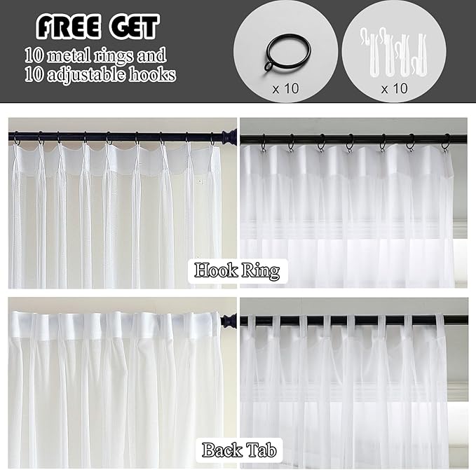 White Sheer Curtains 96 Inches Long 1 Panel, 50 Inch Width, Thin Textured Linen Look Sliding Glass Door Curtain, Rustic Elegant Window Treatments, Pinch Pleated Drapes for Living Room