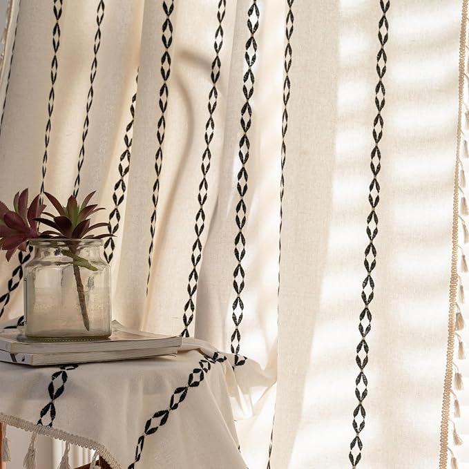 Deeprove White and Black Boho Curtains 72 inches Length for Living Room Bedroom Nursery, Chic Bohemian 72 inches Long, Stripe Embroidery Privacy Window Fringe Decoration W52 x L72, Single 1 Panel