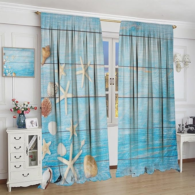 Beach Shell Curtains Shell Starfish Modern Style White Print Curtains for Living Room Bedroom Boys Girls Bedroom Decorative Privacy Curtains 63x63 Inch