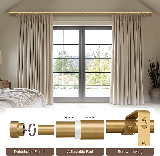 Modern Gold Curtain Rods for Windows 72 to 144 Inches Adjustable Length Heavy Duty 1" Diameter Window Curtain Rod with Decorative Finials for Outdoor Bedroom Kitchen Living Room