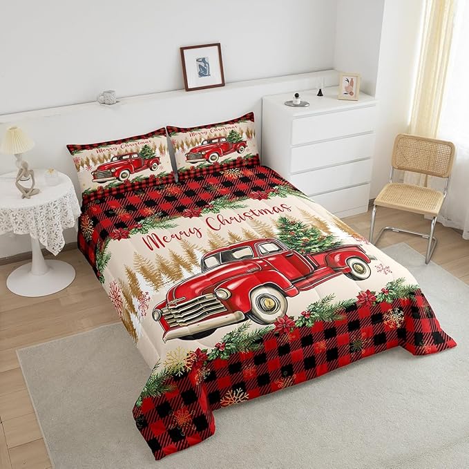 Erosebridal Merry Christmas Bedding Set Red Truck Queen Comforter Set for Kids Boys Girls Teens Room Decor,Xmas Tree Down Comforter Red Black Buffalo Plaid Decor Bed Set Car Printed Themed Quilt Set