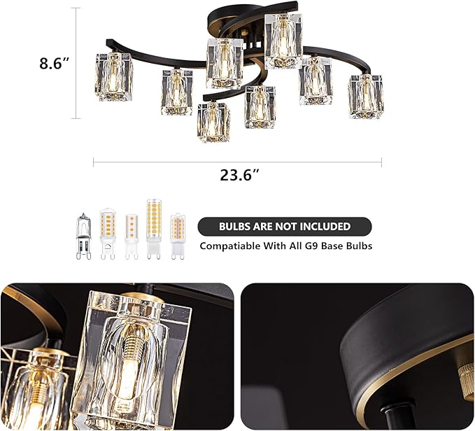 8-Light Semi Flush Mount Ceiling Light, Black and Gold Ceiling Fixture, Farmhouse Dining Room Light Fixture with K9 Crystal Shade, Modern Chandelier for Living Room,Bedroom,Entryway