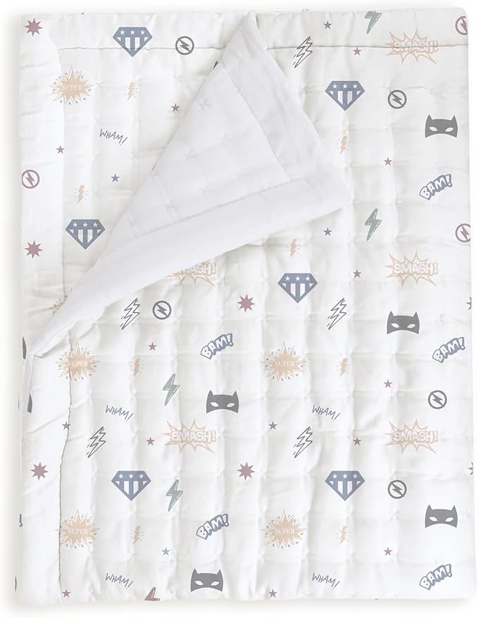 MakeMake Organics Organic Baby Comforter GOTS Certified Organic Kids Blanket Cotton Infill Tufted - Reversible Ultra Soft Breathable Boys Girls Superheros (30"x40", Mighty Heros)