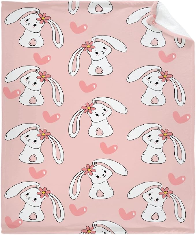 Thuswarm Cute Bunny Pink Flannel Throw Blanket Gifts Warm Cozy Soft Funny Print Blankets for Summer Room Decoration Bed Couch Sofa 40”×30” XSmall for Pets