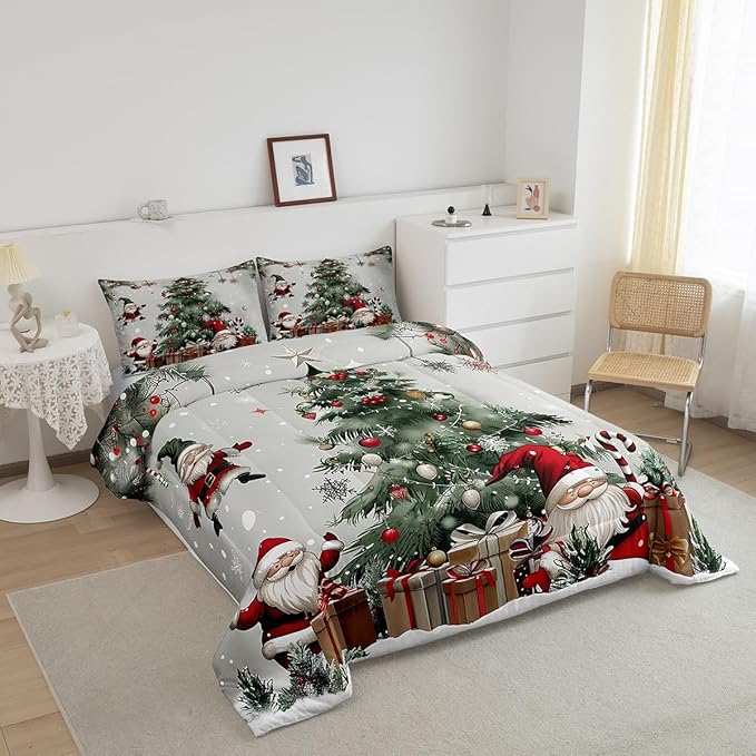 Merry Christmas Bedding Set Full Size,Christmas Tree Snowflake Comforter Set for Kids Boys Girls Room Decor,Santa Claus X'mas Theme Duvet Insert 3Pcs,Star Polka Dot Glitter Quilt Set,2 Pillowcases