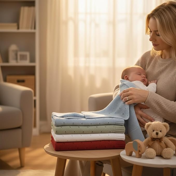 Baby Knit Blanket, 100% Cotton Eyelet Patterns, Soft, Cozy, Lightweight Swaddle for Newborn & Infant Swaddling Beige Neutral, Perfect Baby Shower Ideas Baby Blue 28x36