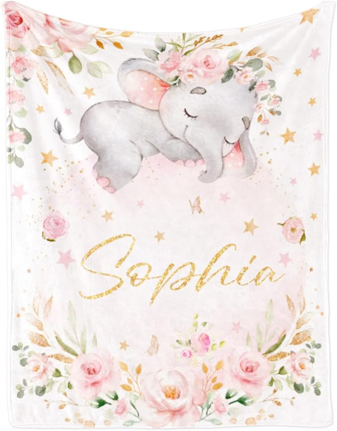 Elephant Blanket Personalized Baby Blanket with Name for Girl, Custom Name Blanket for Newborn Girl, Soft Flannel Toddler Blanket Customized Gift for Birthday Christmas Baby Shower 60" X 80"