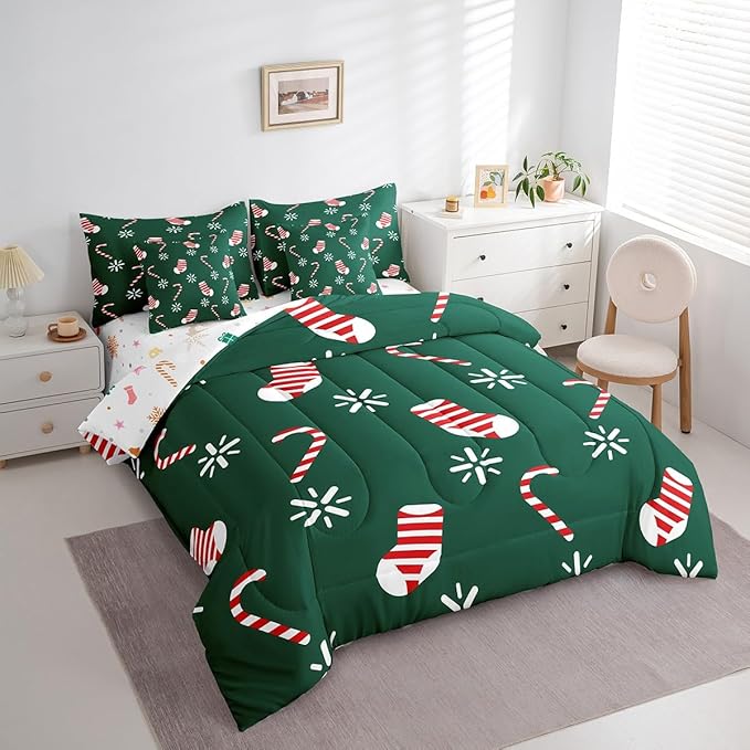 Merry Christmas Kids Bedding Set Xmas Theme Comforter Set with Sheets for Boys Girls Christmas Stockings Snowflake Decor Bed in a Bag Green Pink Xmas Theme Bed Set 7Pcs Queen Size