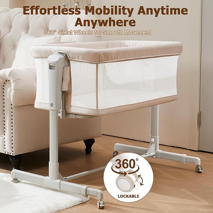 Baby Bassinet Bedside Sleeper 3-in-1, Easy Night Feeding with One-Side Fold & Rolling Wheels, Breathable Mesh, 6-Height Adjustable, Soft Mattress for Newborns