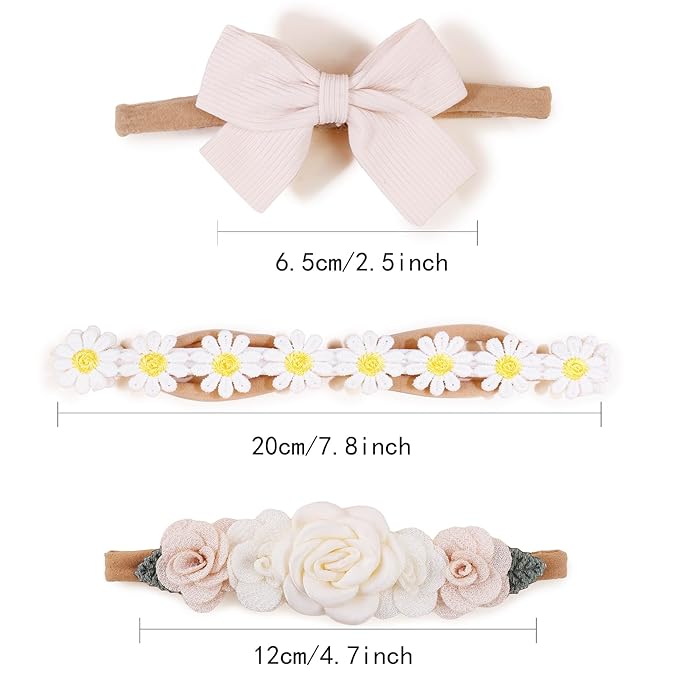 cherrboll Baby Girl Nylon Headbands, 3Pcs Handmade Floral Hair Bows, Stretchy Flower Hairbands for Newborns Infants Toddlers