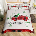 Manfei Xmas Truck Duvet Cover Set Queen Size, Christmas Tree Snowflake Print Bedding Set 3pcs for Kids Boys Girls Bedroom Decor, Red Plaid Print Comforter Cover with 2 Pillowcases,No Comforter